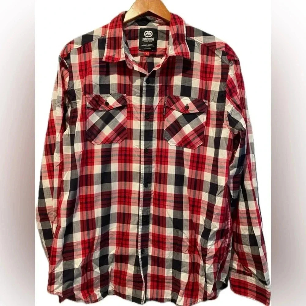 Ecko Unltd Button Down Collared Red Black‎ Plaid Shirt Cotton Blend Men’s XL EUC